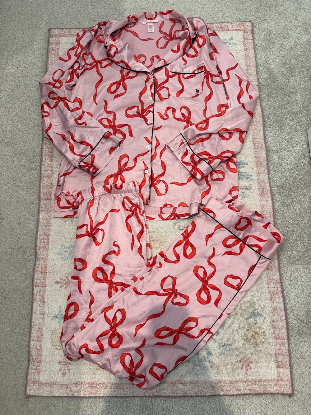Victoria’s Secret pink and red bow long sleeve satin pajama set